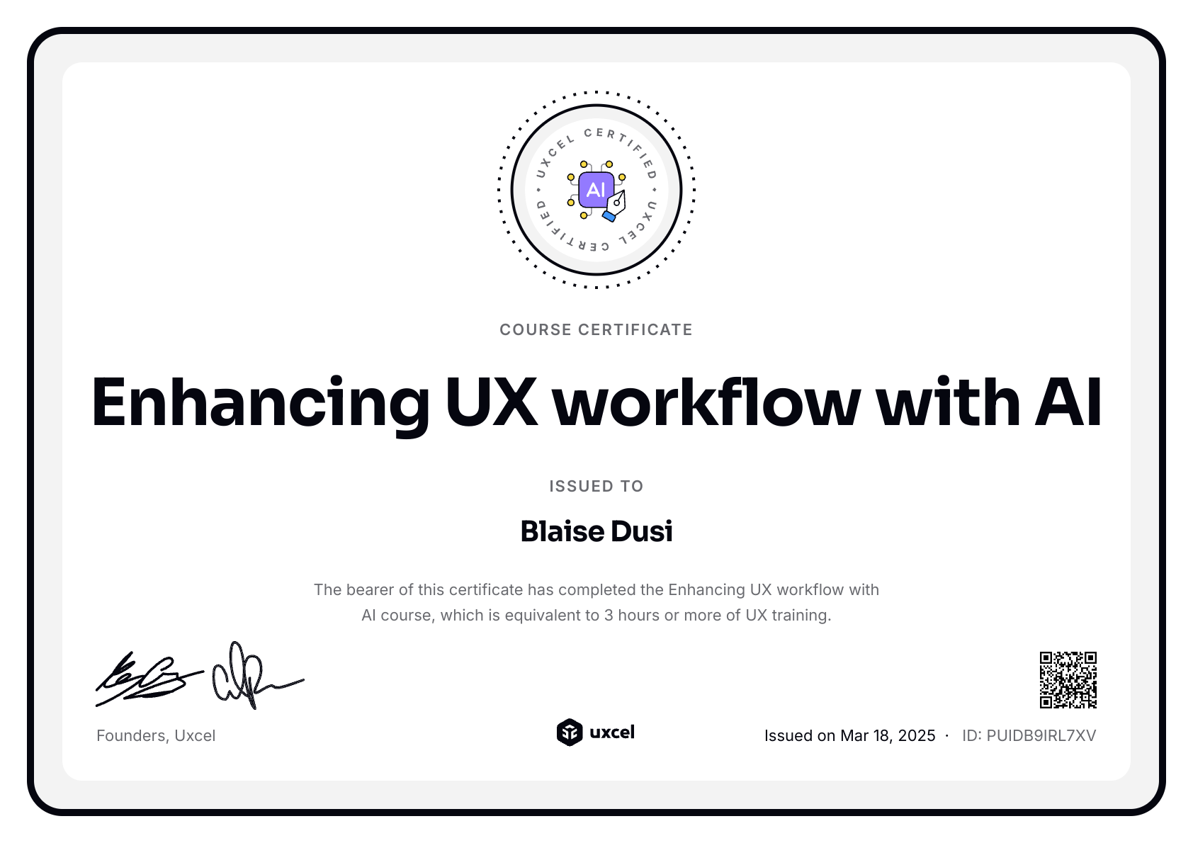 Blaise Dusi's certificate